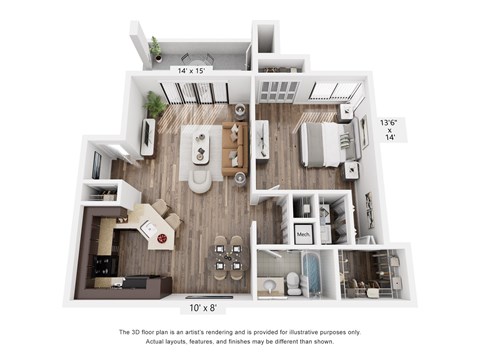 Floor plan for 1 bed, 1 bath, 977 sqft